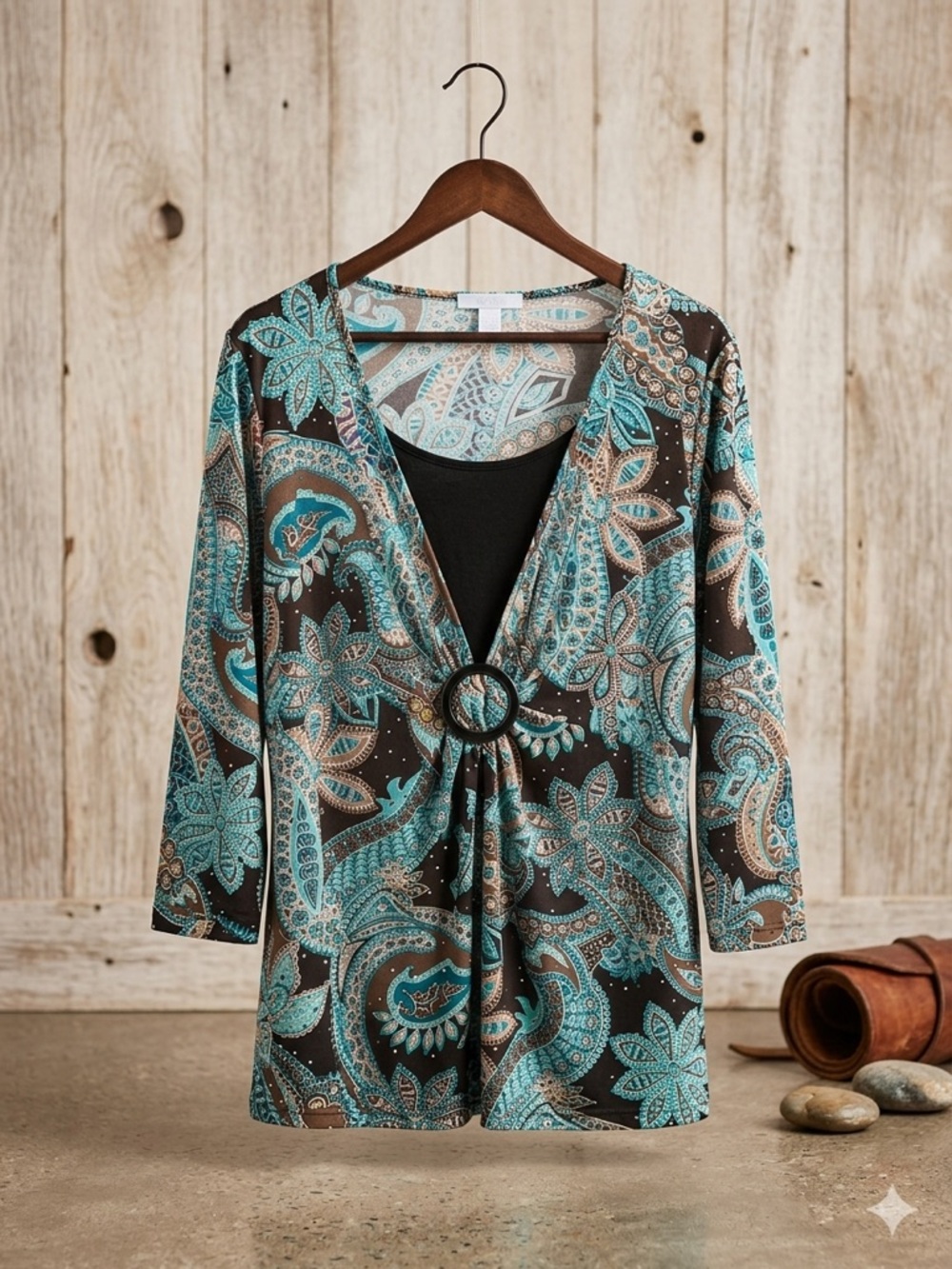 Dress Barn Teal and Black Paisley V-Neck Tunic with Ring Detail